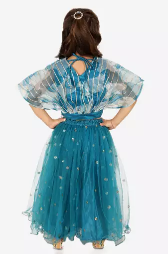 BownBee Ethnic Organza Cape Choli with Sequined Net Lehenga for Girls- Blue