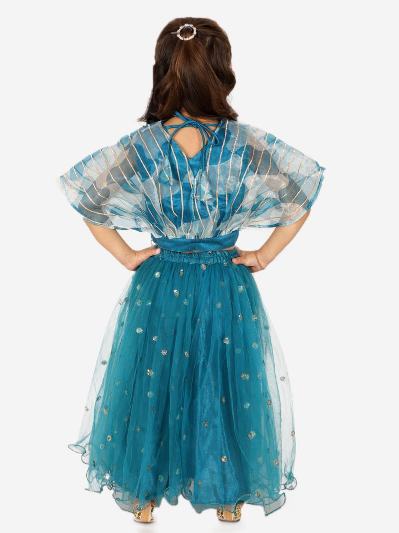 BownBee Ethnic Organza Cape Choli with Sequined Net Lehenga for Girls- Blue