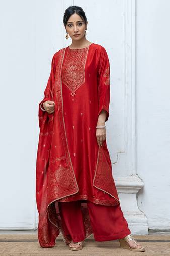 Salsa red woven salwar suit with zari woven raw silk dupatta