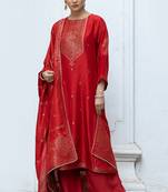Salsa red woven salwar suit with zari woven raw silk dupatta