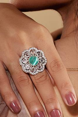 Sea Green Silver Floral Adjustable Ring 3