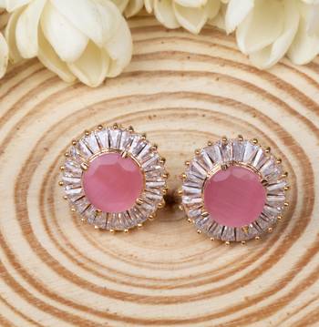 Elegant Rose Gold Plated Stud Earrings with Pink American Diamonds 1