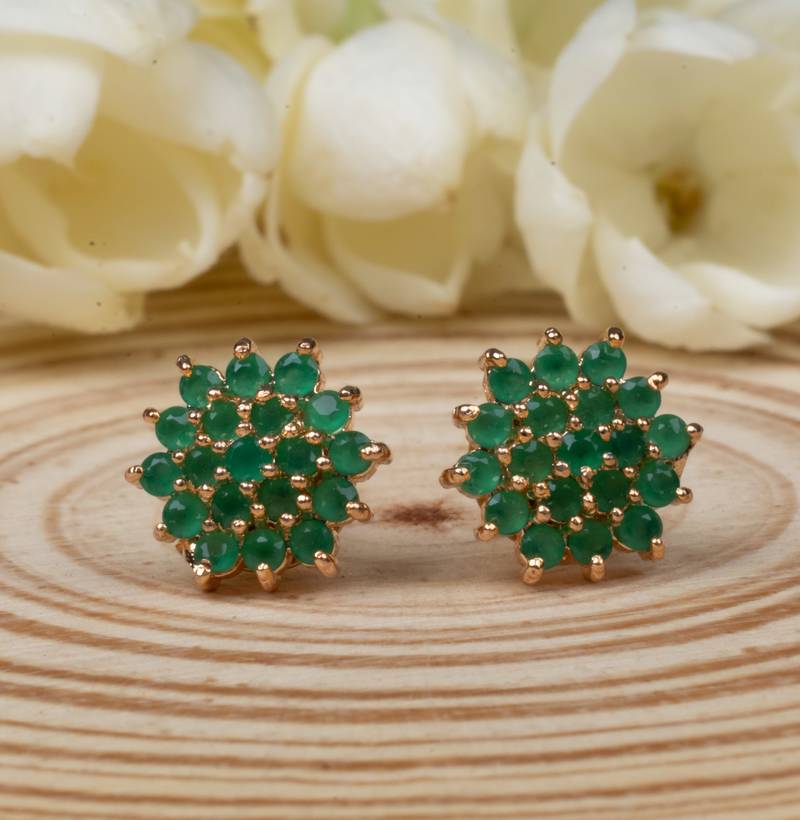 Green Floral Studed Earrings with American Diamonds