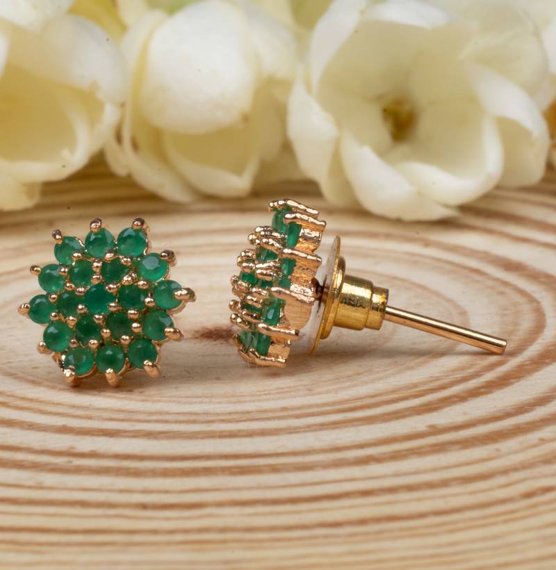 Green Floral Studed Earrings with American Diamonds
