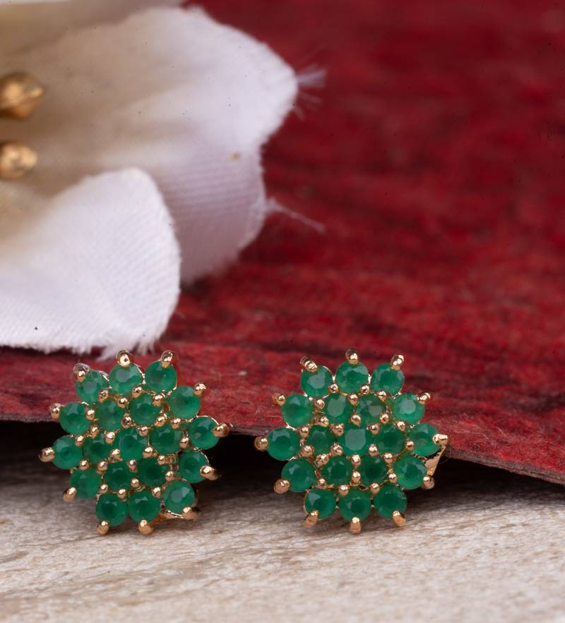 Green Floral Studed Earrings with American Diamonds