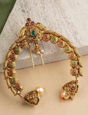 Statement Gold Plated & Red Hair Pin with Pearls 2