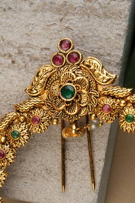 Statement Gold Plated & Red Hair Pin with Pearls 4