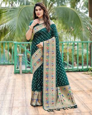 GREEN BANARASI SILK UNIQUE BEAUTIFUL SAREE 2