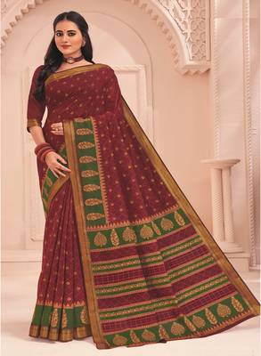 Roop Kashish Maroon Color Soft Kalamkari Cotton Saree Fnacy Border And Fancy Print Blouse Piece 1