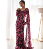 Black Colour Georgette Fabric Ready To Wear Saree With Stitched Blouse