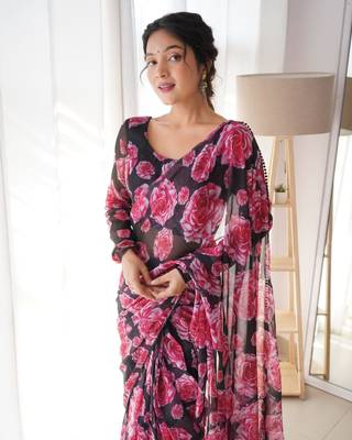 Black Colour Georgette Fabric Ready To Wear Saree With Stitched Blouse 4