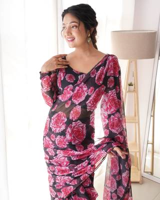 Black Colour Georgette Fabric Ready To Wear Saree With Stitched Blouse 5