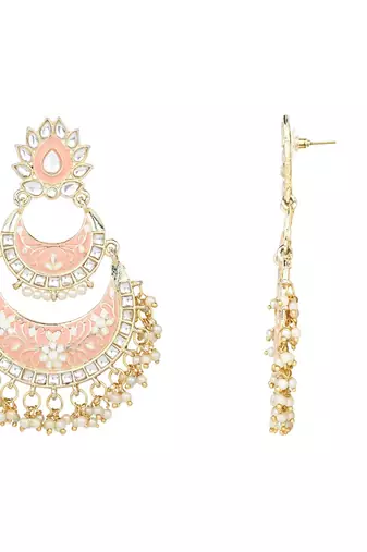 Gold Plated Intricately Designed Womens Traditional Meenakari Earrings Glided With Kundans & Pearls 