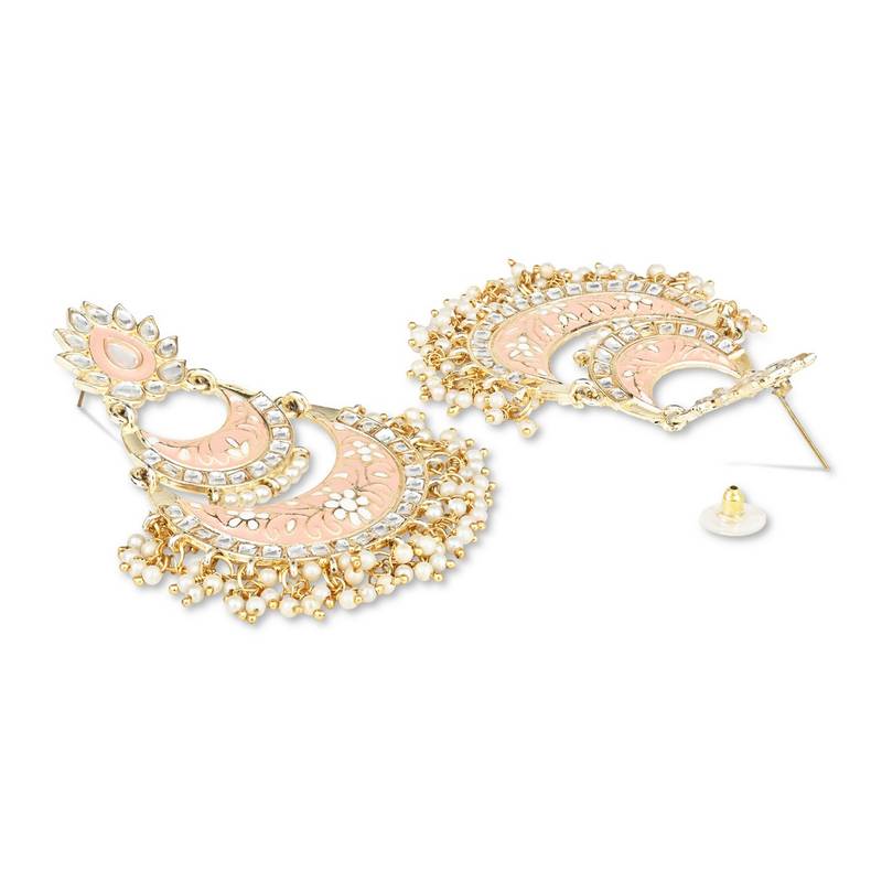 Gold Plated Intricately Designed Womens Traditional Meenakari Earrings Glided With Kundans & Pearls 