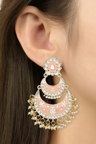 Gold Plated Intricately Designed Womens Traditional Meenakari Earrings Glided With Kundans & Pearls 