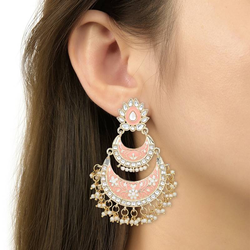 Gold Plated Intricately Designed Womens Traditional Meenakari Earrings Glided With Kundans & Pearls 