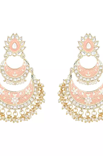 Gold Plated Intricately Designed Womens Traditional Meenakari Earrings Glided With Kundans & Pearls 