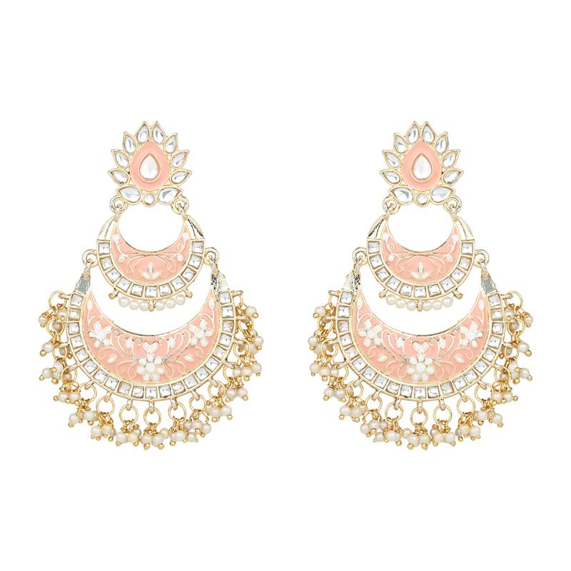 Gold Plated Intricately Designed Womens Traditional Meenakari Earrings Glided With Kundans & Pearls 