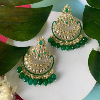 Gold Plated Traditional Handcrafted Pearl Kundan Beaded Chandbali Earrings for Women/Girls  1