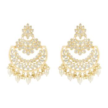 Gold Plated Traditional Handcrafted Pearl Kundan Beaded Chandbali Earrings for Women/Girls  1