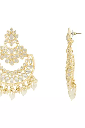 Gold Plated Traditional Handcrafted Pearl Kundan Beaded Chandbali Earrings for Women/Girls 