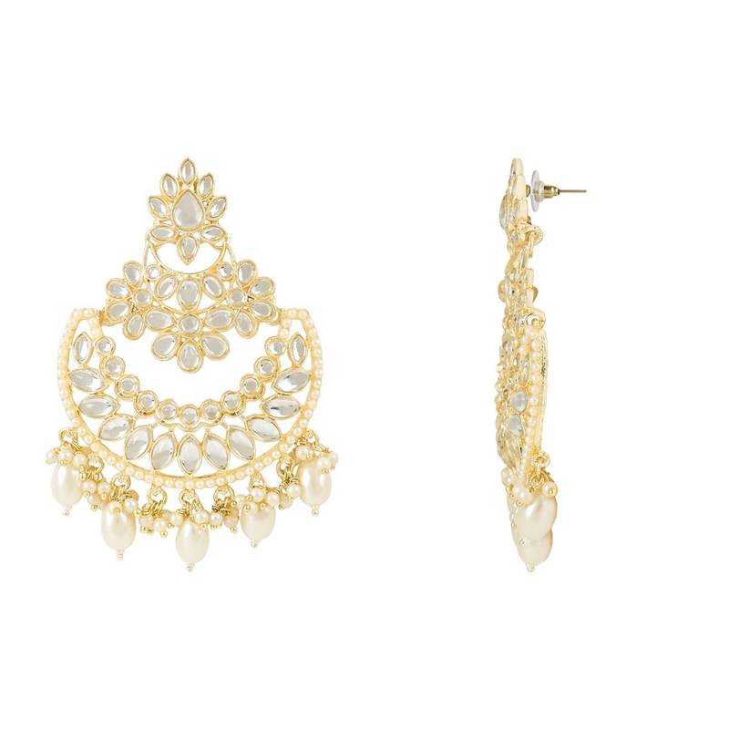 Gold Plated Traditional Handcrafted Pearl Kundan Beaded Chandbali Earrings for Women/Girls 