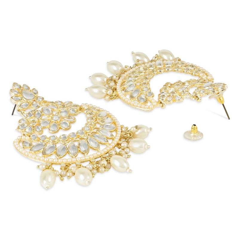 Gold Plated Traditional Handcrafted Pearl Kundan Beaded Chandbali Earrings for Women/Girls 