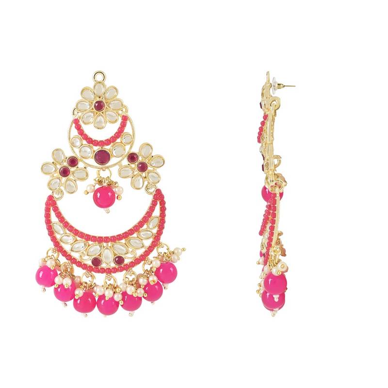 Gold Plated Traditional Pearl Kundan Beaded Chandbali Earrings for Women/Girls 