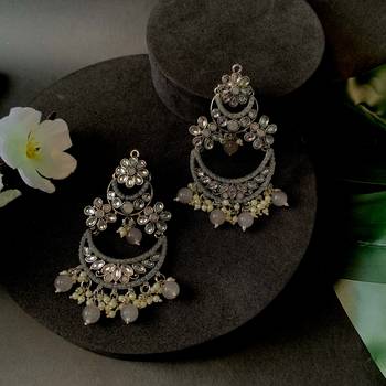 Silver Plated Traditional Handcrafted Pearl Kundan Beaded Chandbali Earrings for Women/Girls  1