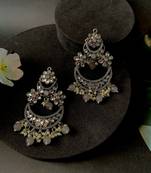 Silver Plated Traditional Handcrafted Pearl Kundan Beaded Chandbali Earrings for Women/Girls 