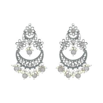 Silver Plated Traditional Handcrafted Pearl Kundan Beaded Chandbali Earrings for Women/Girls  2