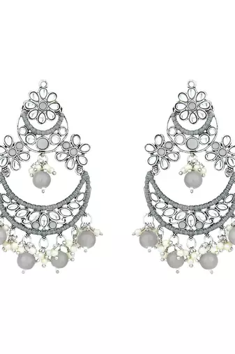 Silver Plated Traditional Handcrafted Pearl Kundan Beaded Chandbali Earrings for Women/Girls 