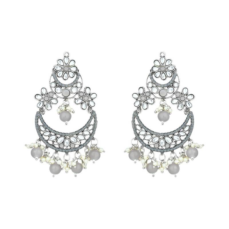 Silver Plated Traditional Handcrafted Pearl Kundan Beaded Chandbali Earrings for Women/Girls 