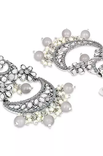 Silver Plated Traditional Handcrafted Pearl Kundan Beaded Chandbali Earrings for Women/Girls 