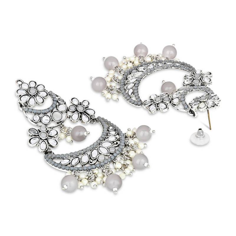 Silver Plated Traditional Handcrafted Pearl Kundan Beaded Chandbali Earrings for Women/Girls 
