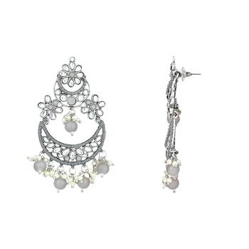 Silver Plated Traditional Handcrafted Pearl Kundan Beaded Chandbali Earrings for Women/Girls  4