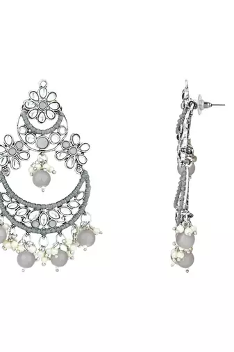 Silver Plated Traditional Handcrafted Pearl Kundan Beaded Chandbali Earrings for Women/Girls 