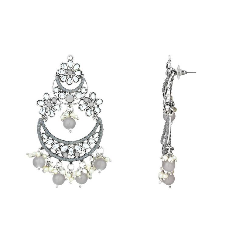 Silver Plated Traditional Handcrafted Pearl Kundan Beaded Chandbali Earrings for Women/Girls 