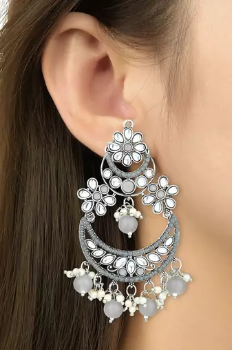 Silver Plated Traditional Handcrafted Pearl Kundan Beaded Chandbali Earrings for Women/Girls 