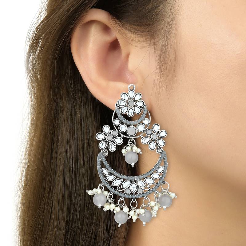 Silver Plated Traditional Handcrafted Pearl Kundan Beaded Chandbali Earrings for Women/Girls 