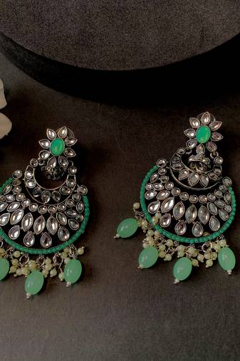 Silver Plated Traditional Handcrafted Pearl Kundan Beaded Chandbali Earrings for Women/Girls 