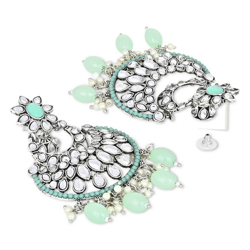 Silver Plated Traditional Handcrafted Pearl Kundan Beaded Chandbali Earrings for Women/Girls 