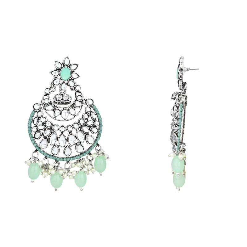 Silver Plated Traditional Handcrafted Pearl Kundan Beaded Chandbali Earrings for Women/Girls 