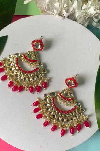 Gold Plated Traditional Handcrafted Pearl Kundan Beaded Earrings for Women/Girls 