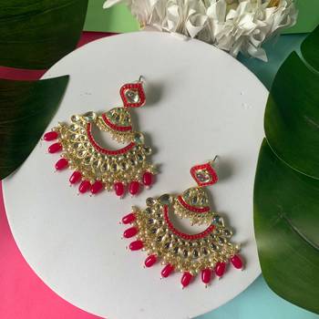 Gold Plated Traditional Handcrafted Pearl Kundan Beaded Earrings for Women/Girls  1