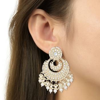 Gold Plated Traditional Kundan Pearl Chandbali Earrings For Women And Girls  4
