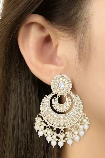 Gold Plated Traditional Kundan Pearl Chandbali Earrings For Women And Girls 