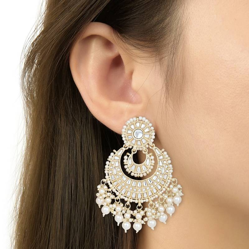 Gold Plated Traditional Kundan Pearl Chandbali Earrings For Women And Girls 