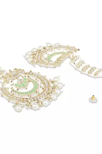 Gold Plated Traditional Kundan Hanging Pearl Earrings Attachable Ear Chain For Women/Girls (E3161Min)