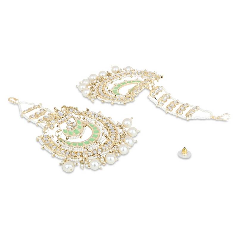 Gold Plated Traditional Kundan Hanging Pearl Earrings Attachable Ear Chain For Women/Girls (E3161Min)